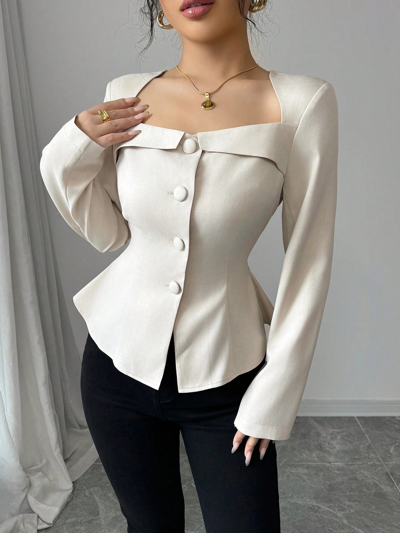 Trapezoidal Collar Square Neck Front Button Decorative Waistline A-Line Long Sleeve Shirt