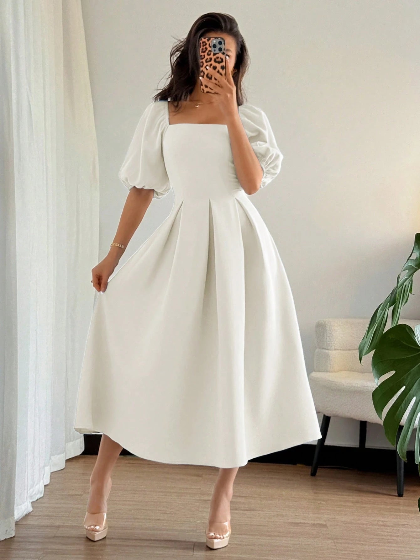 Women's Elegant Chic Minimalist Ruffle Hem Puff Sleeve A-Line Dress