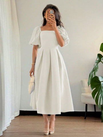 Women's Elegant Chic Minimalist Ruffle Hem Puff Sleeve A-Line Dress