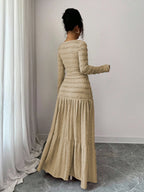 Vacation Style Long Sleeve Square Neck Button-Up Top With Paneled Design And Flared Skirt shein