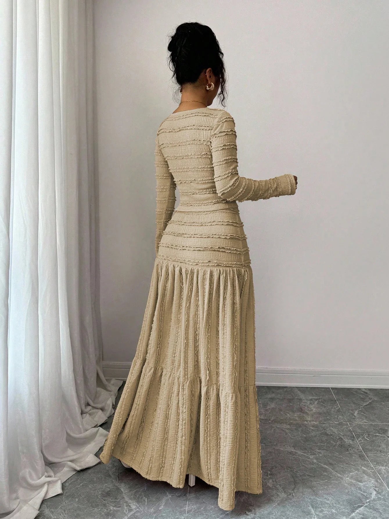 Vacation Style Long Sleeve Square Neck Button-Up Top With Paneled Design And Flared Skirt shein