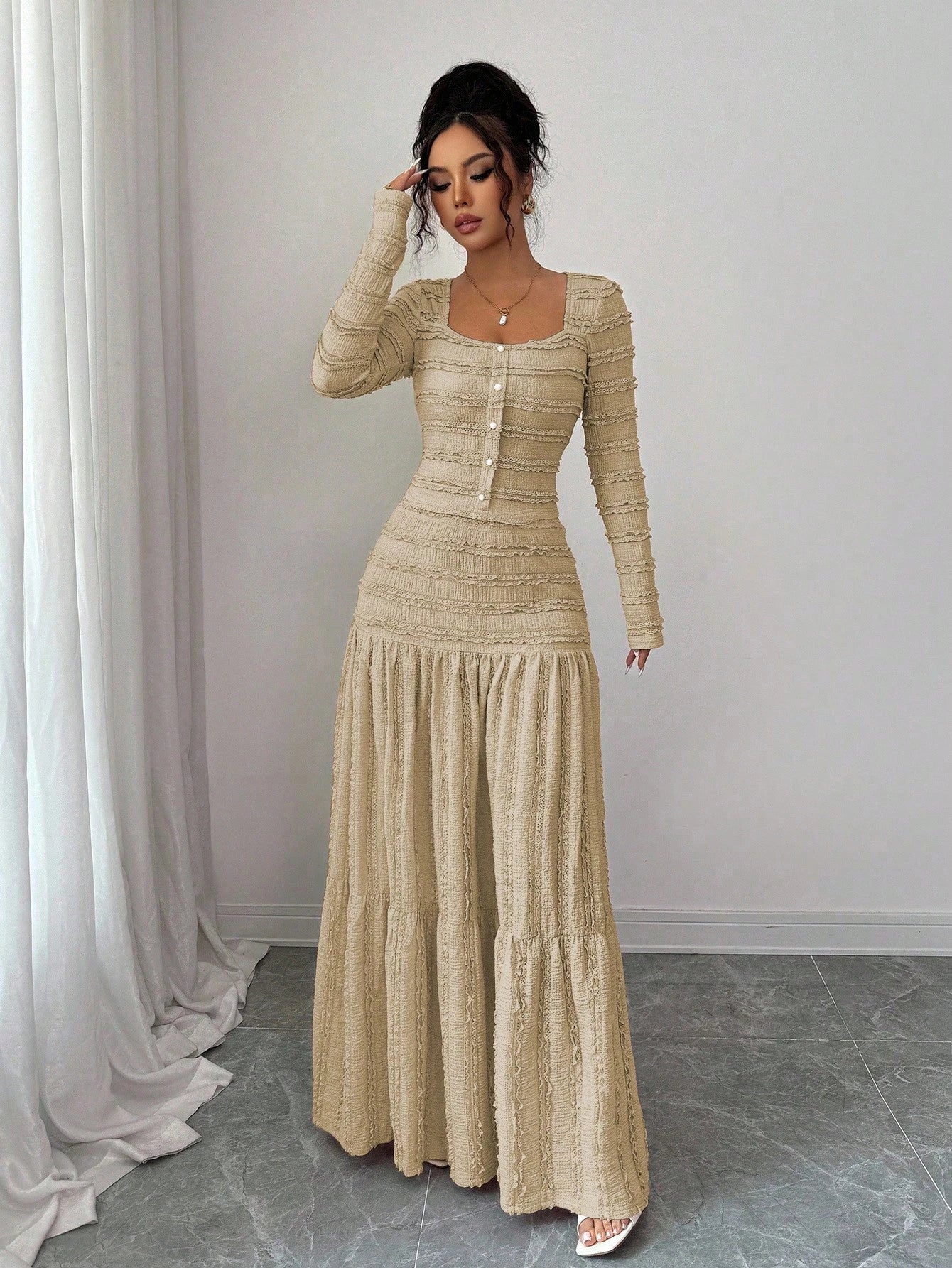 Vacation Style Long Sleeve Square Neck Button-Up Top With Paneled Design And Flared Skirt shein