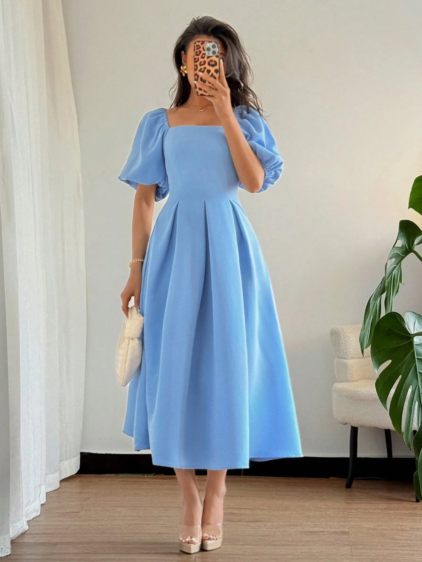 Women's Elegant Chic Minimalist Ruffle Hem Puff Sleeve A-Line Dress