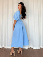 Women's Elegant Chic Minimalist Ruffle Hem Puff Sleeve A-Line Dress