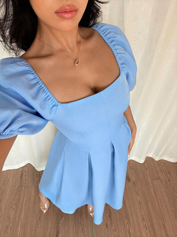 Women's Elegant Chic Minimalist Ruffle Hem Puff Sleeve A-Line Dress