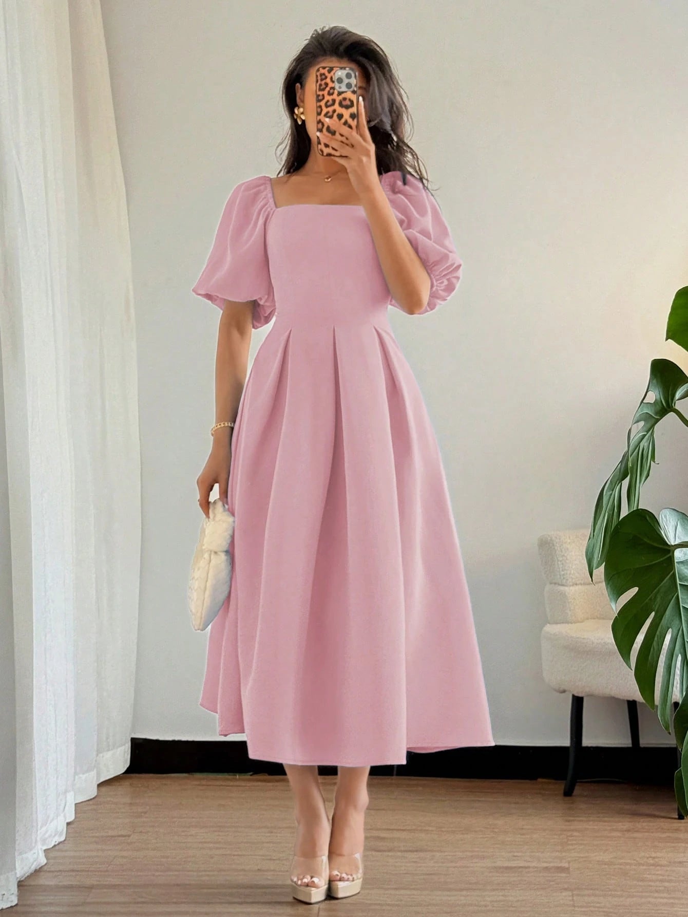 Women's Elegant Chic Minimalist Ruffle Hem Puff Sleeve A-Line Dress