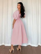 Women's Elegant Chic Minimalist Ruffle Hem Puff Sleeve A-Line Dress