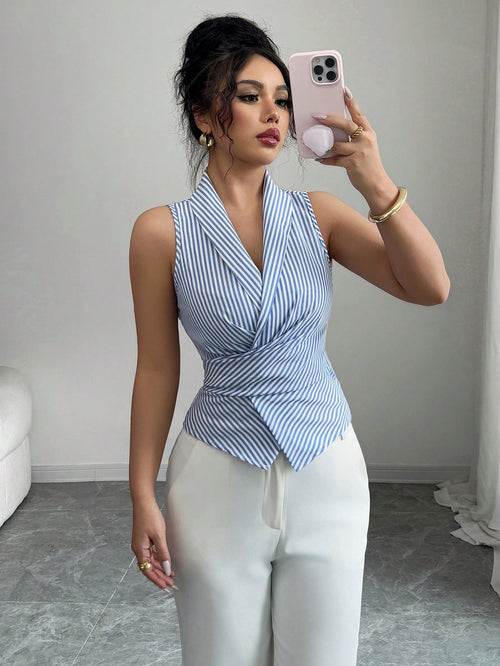 Elenzga Women's Sleeveless V-Neck Tie Waist Bow Elegant Blouse shein