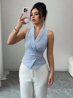 Women's Sleeveless V-Neck Tie Waist Bow Elegant Blouse shein