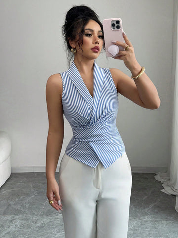 Elenzga Women's Sleeveless V-Neck Tie Waist Bow Elegant Blouse