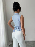 Women's Sleeveless V-Neck Tie Waist Bow Elegant Blouse shein