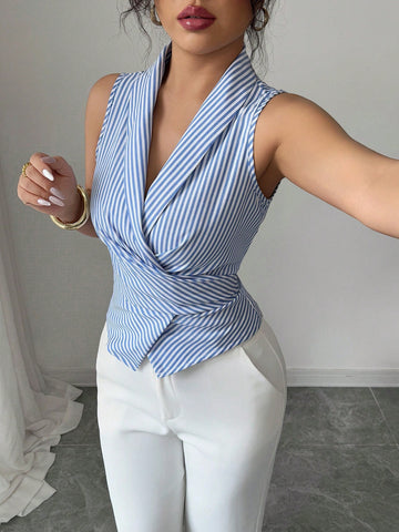 Elenzga Women's Sleeveless V-Neck Tie Waist Bow Elegant Blouse