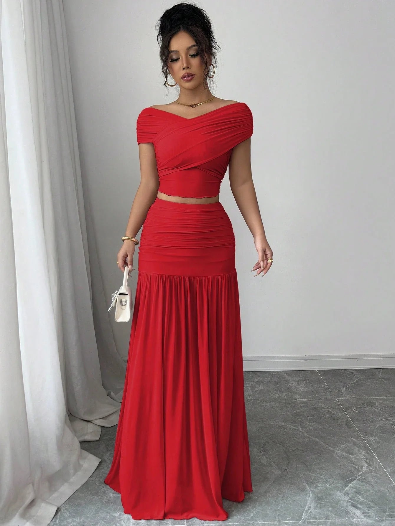 2pcs/Set Women Solid Color Fitted Simple Top And Skirt shein