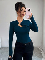 Women's Solid Color Ring Design Fitted Long Sleeve T-Shirt shein