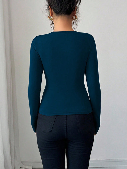 Women's Solid Color Ring Design Fitted Long Sleeve T-Shirt shein