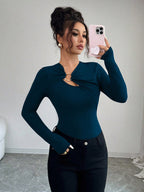 Women's Solid Color Ring Design Fitted Long Sleeve T-Shirt shein