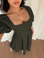 Women's Elegant Chic Minimalist Ruffle Hem Puff Sleeve A-Line Dress
