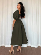 Women's Elegant Chic Minimalist Ruffle Hem Puff Sleeve A-Line Dress