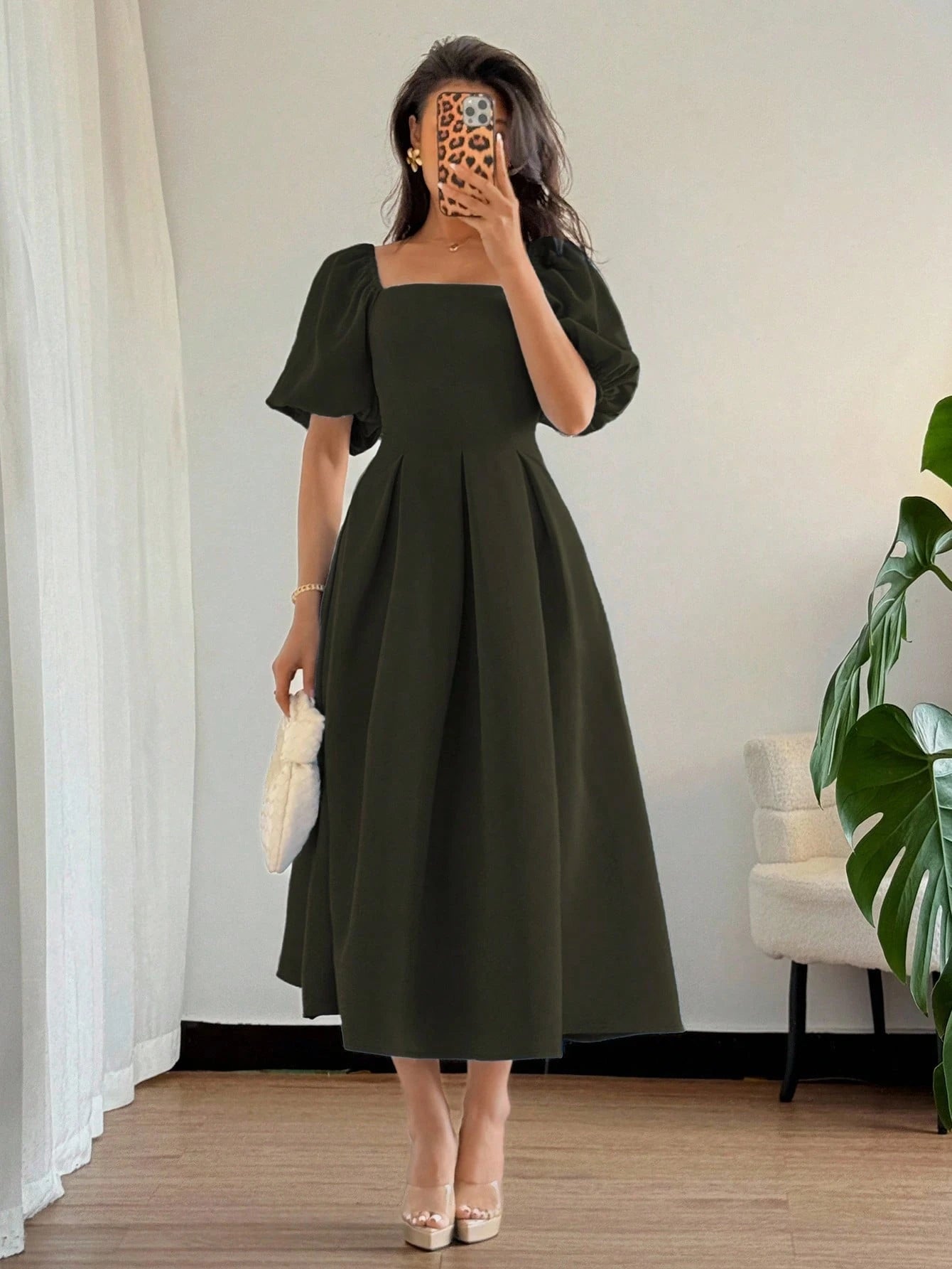 Women's Elegant Chic Minimalist Ruffle Hem Puff Sleeve A-Line Dress