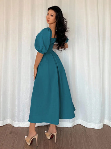 Women's Elegant Chic Minimalist Ruffle Hem Puff Sleeve A-Line Dress