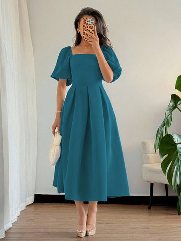 Women's Elegant Chic Minimalist Ruffle Hem Puff Sleeve A-Line Dress
