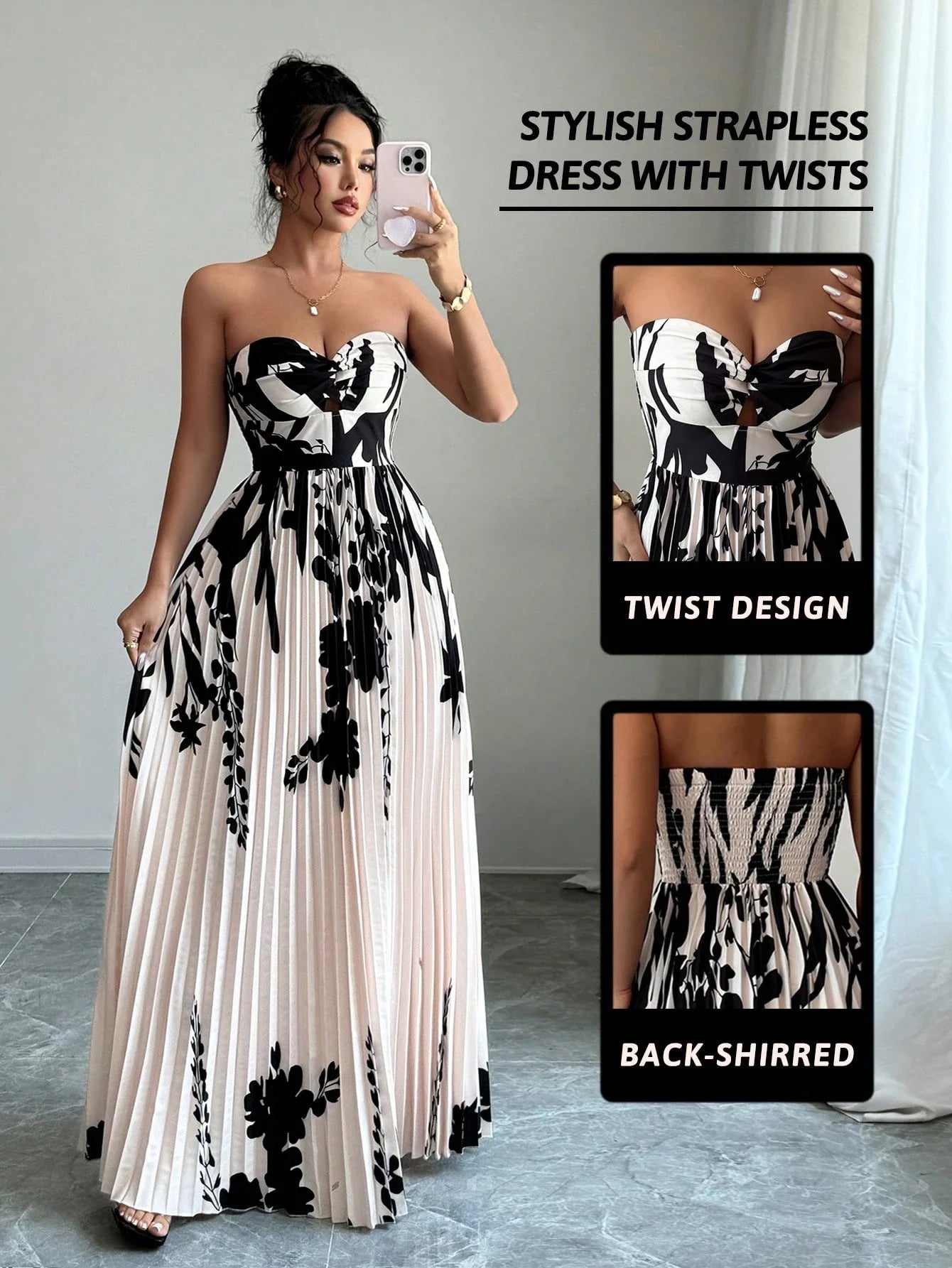 Women's Twist-Knot Printed Smock Pleated Swing Maxi Casual Vacation Elegant Dress shein