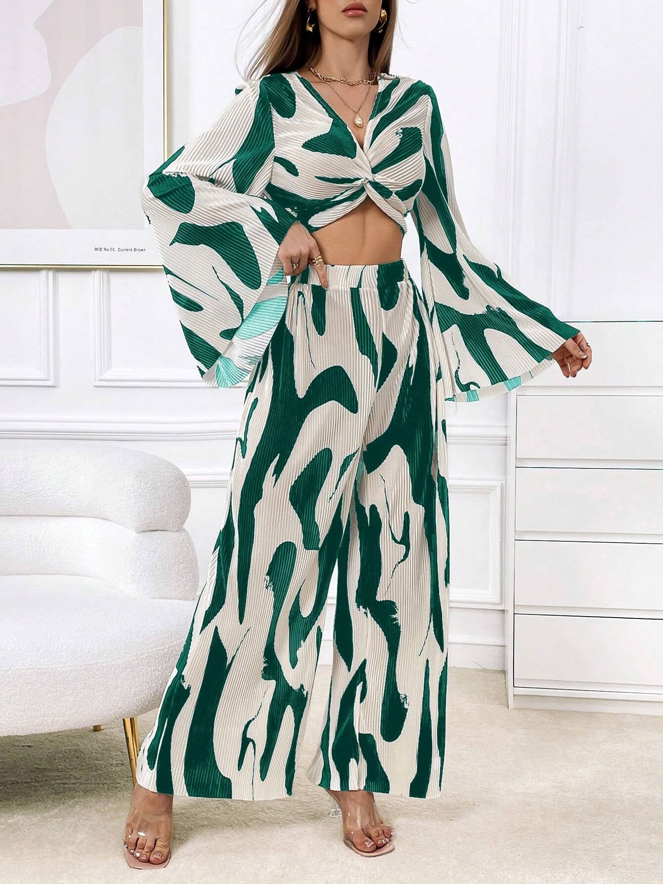 Essnce Allover Print Twist Front Crop Top & Wide Leg Pants shein