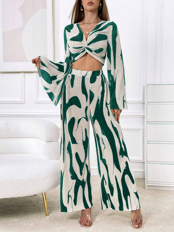 Essnce Allover Print Twist Front Crop Top & Wide Leg Pants shein