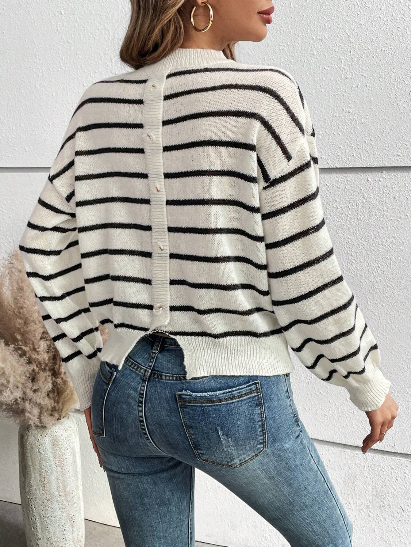 Essnce Button Decor Open Back Striped Sweater shein