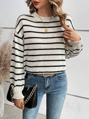 Essnce Button Decor Open Back Striped Sweater shein