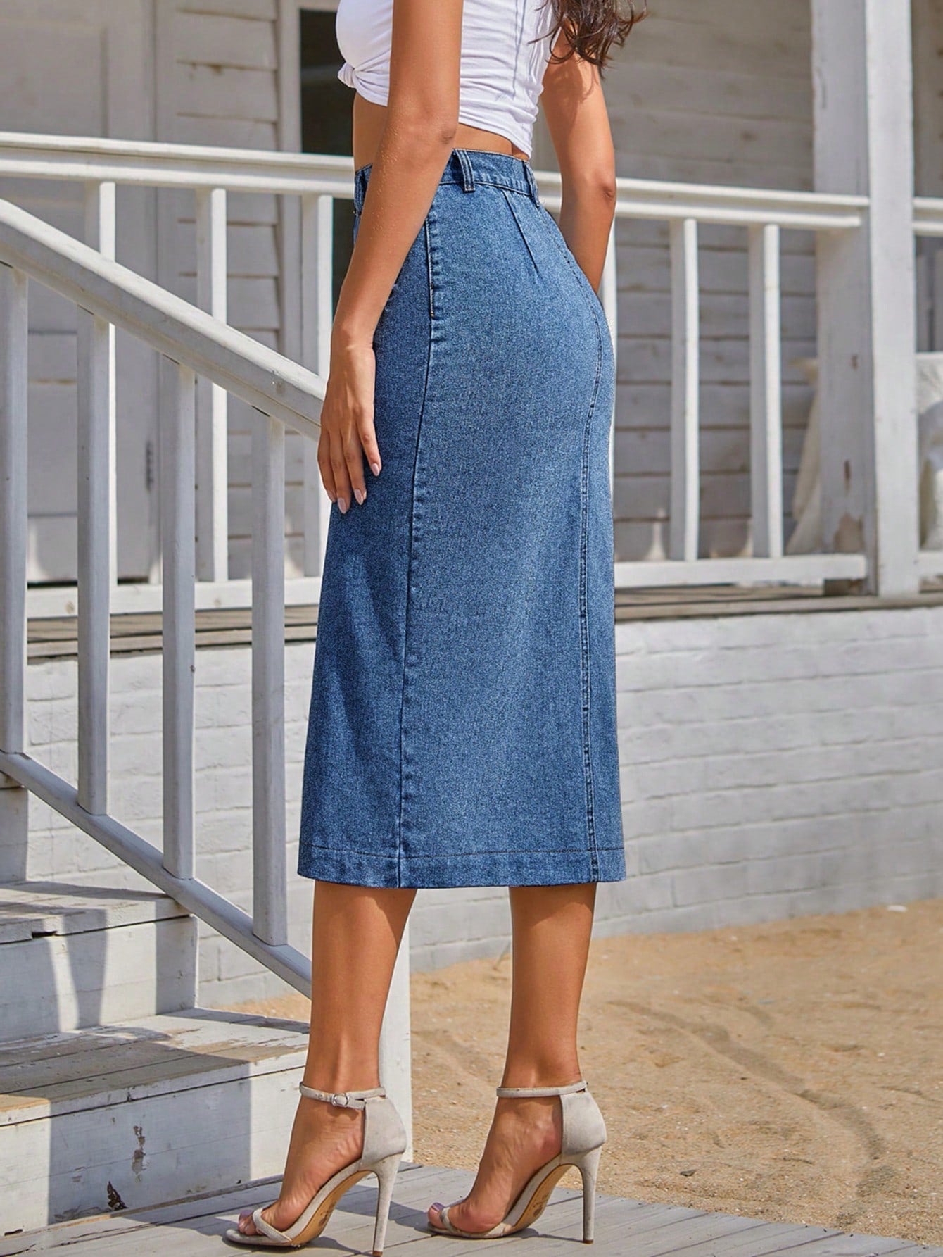 Essnce Button Front Longline Denim Skirt shein