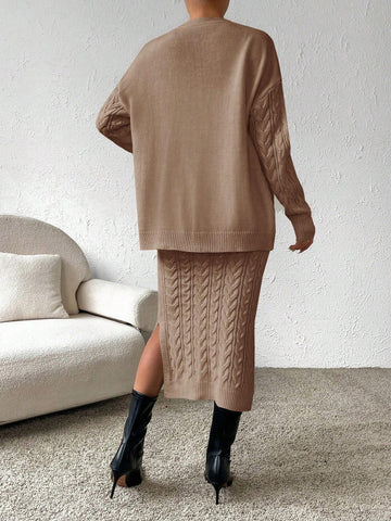 Essnce Cable Knit Drop Shoulder Cardigan & Knit Skirt shein