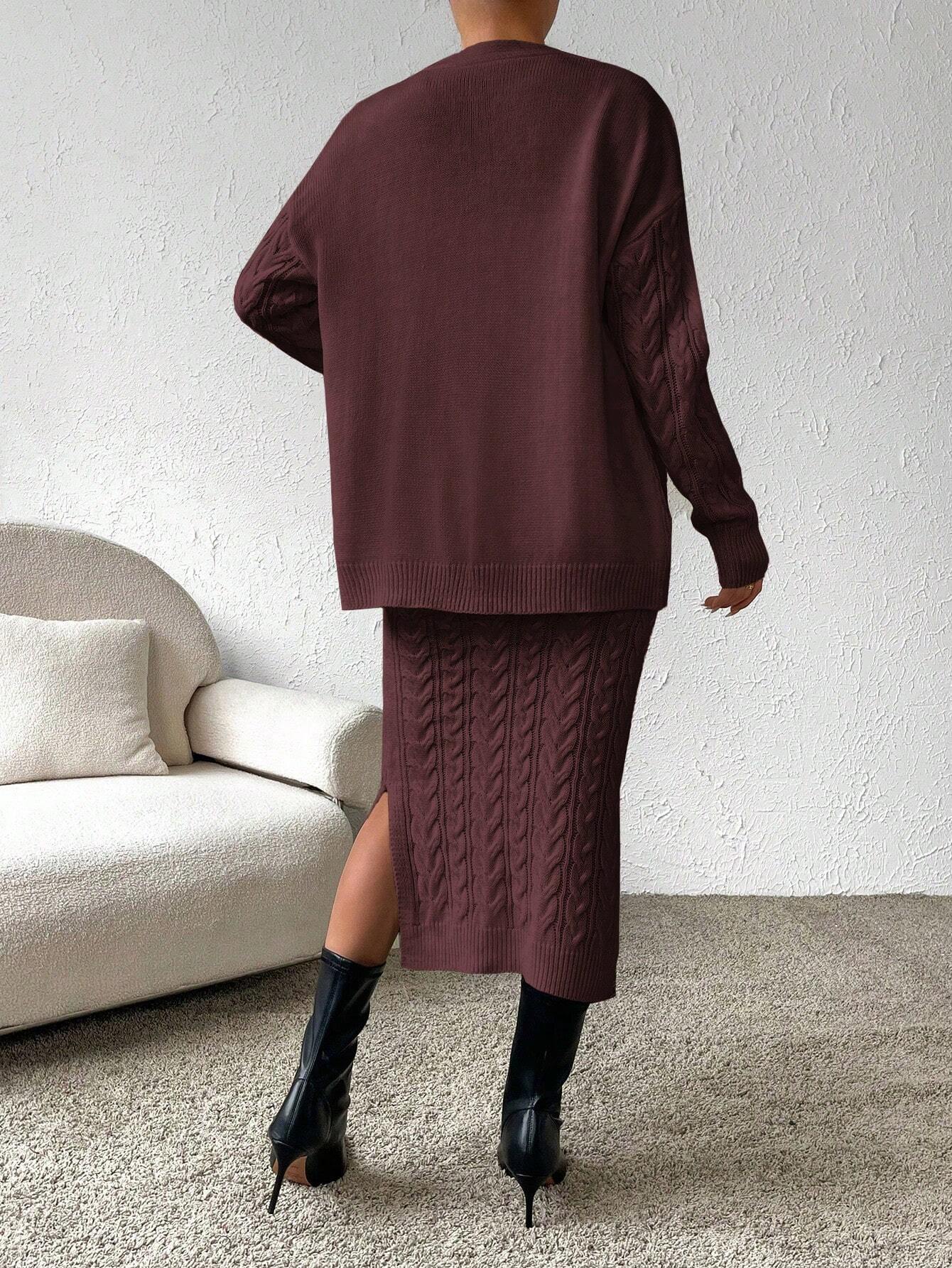 Essnce Cable Knit Drop Shoulder Cardigan & Knit Skirt shein