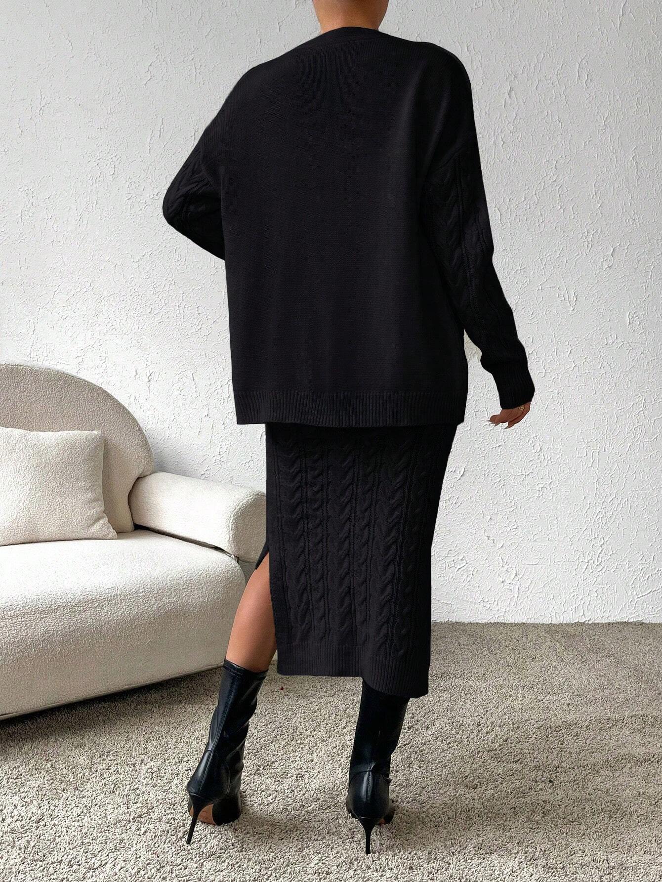 Essnce Cable Knit Drop Shoulder Cardigan & Knit Skirt shein