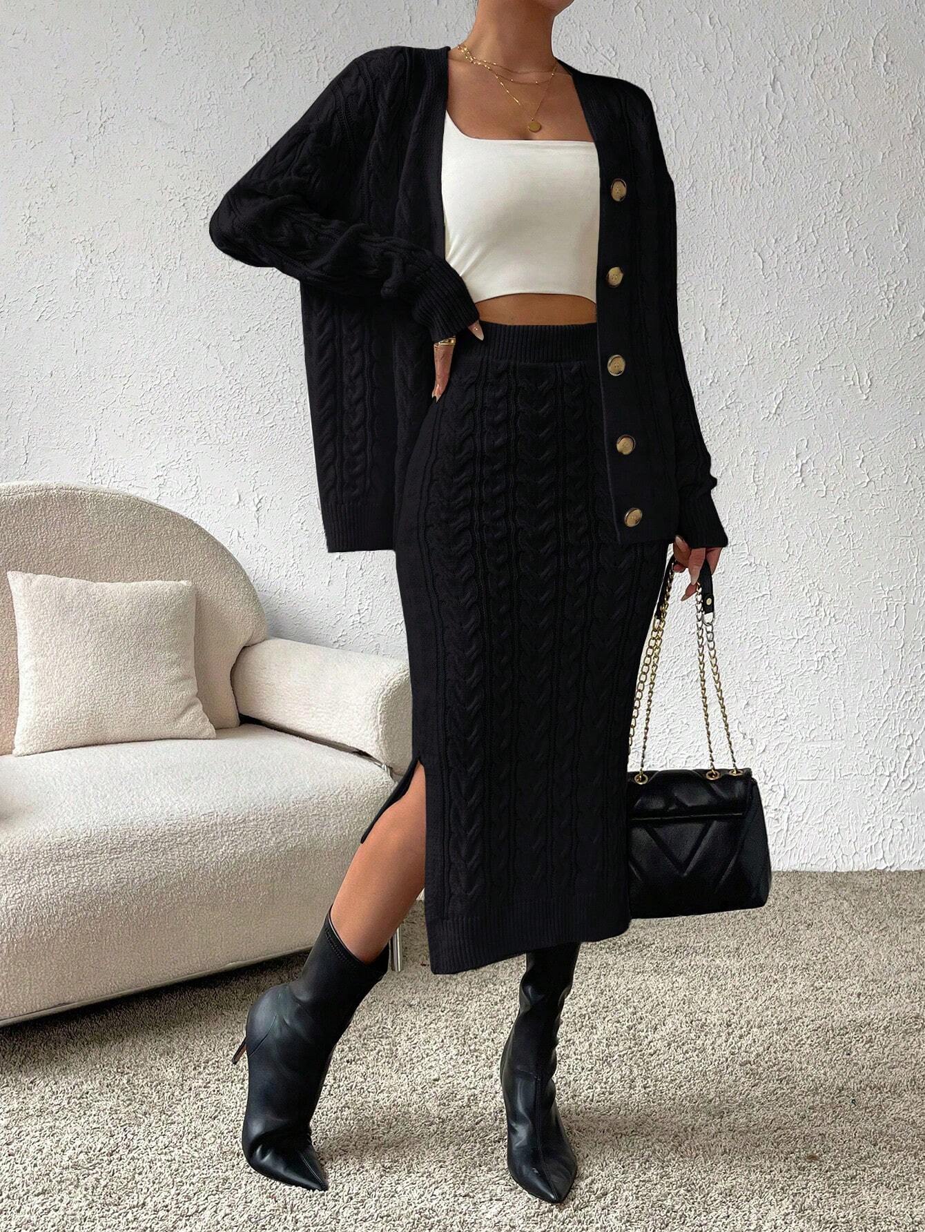 Essnce Cable Knit Drop Shoulder Cardigan & Knit Skirt shein