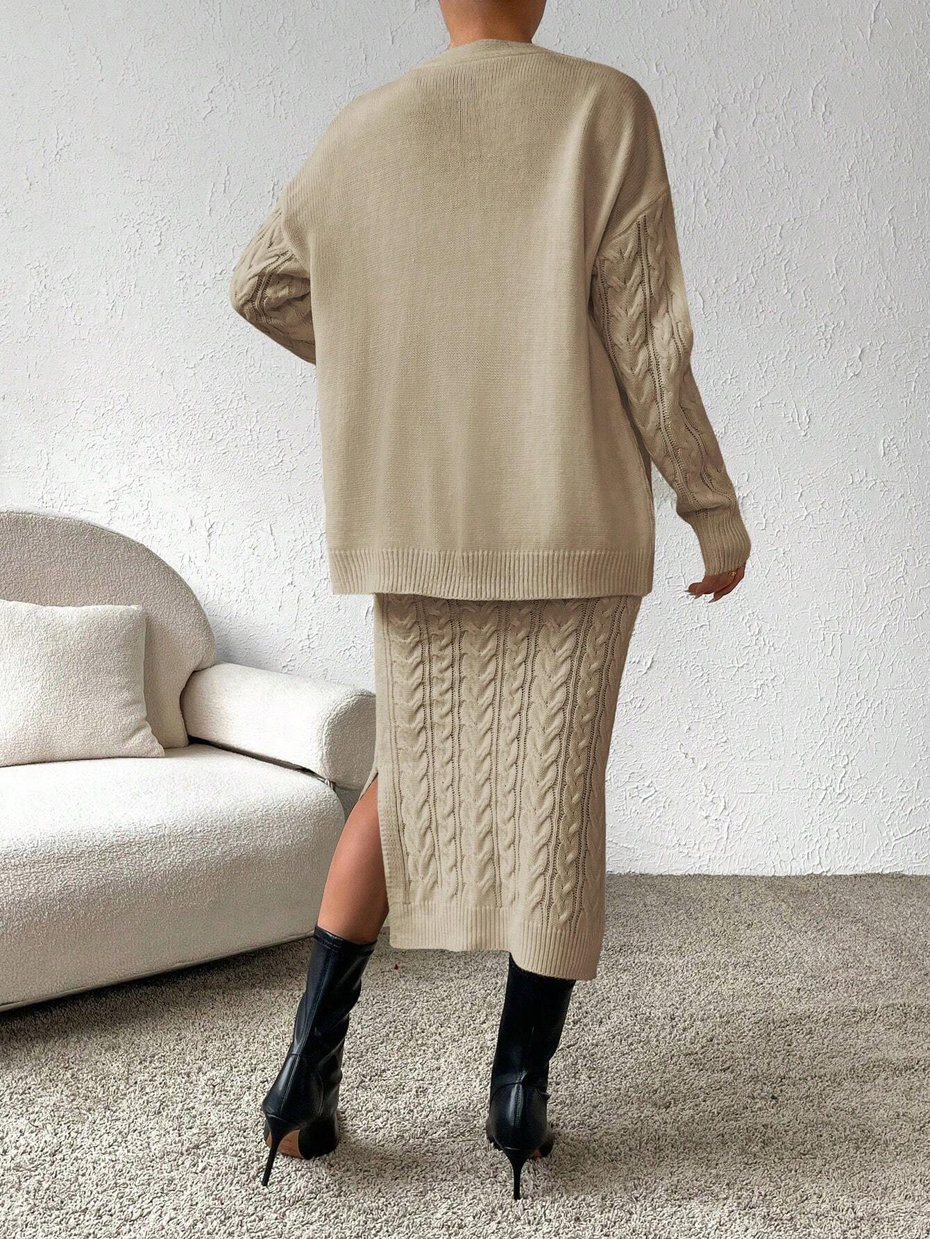 Essnce Cable Knit Drop Shoulder Cardigan & Knit Skirt shein