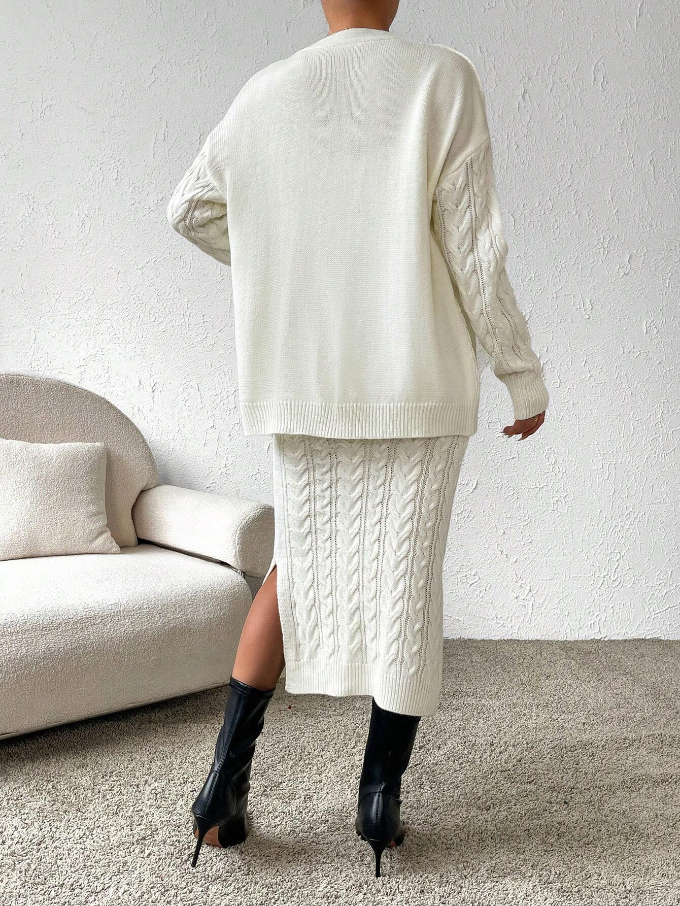 Essnce Cable Knit Drop Shoulder Cardigan & Knit Skirt shein