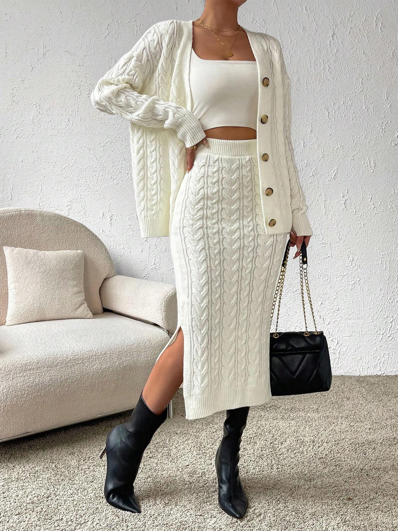 Essnce Cable Knit Drop Shoulder Cardigan & Knit Skirt shein