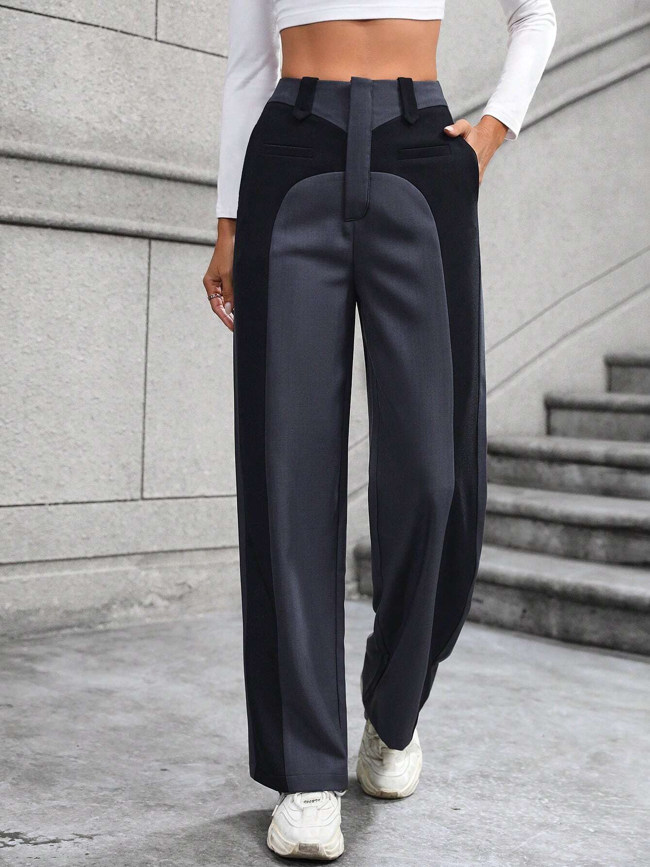 Essnce Color-blocked High-waisted Straight-leg Pants shein