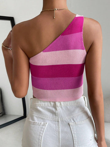 Essnce Colorblock One Shoulder Crop Knit Top shein