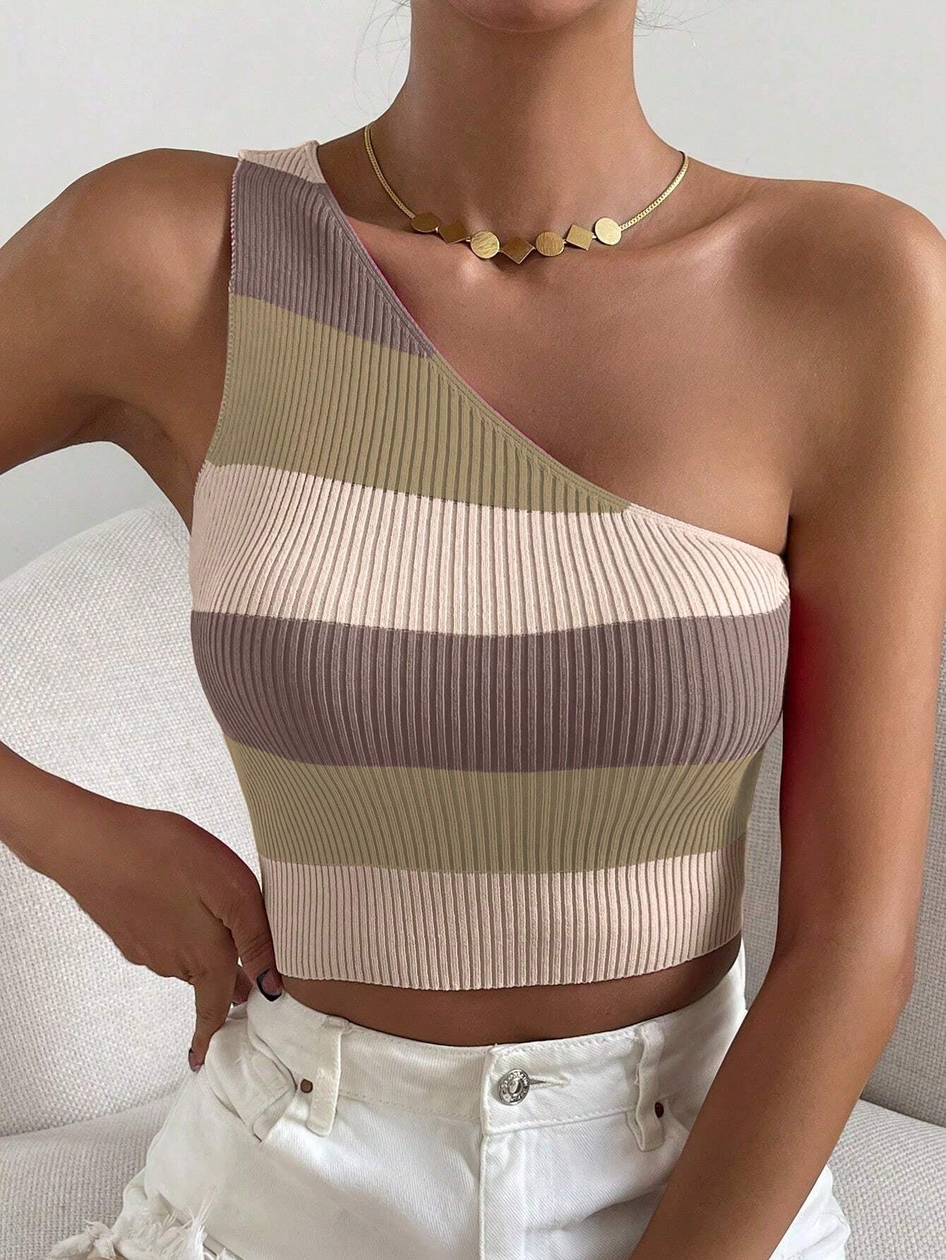 Essnce Colorblock One Shoulder Crop Knit Top shein