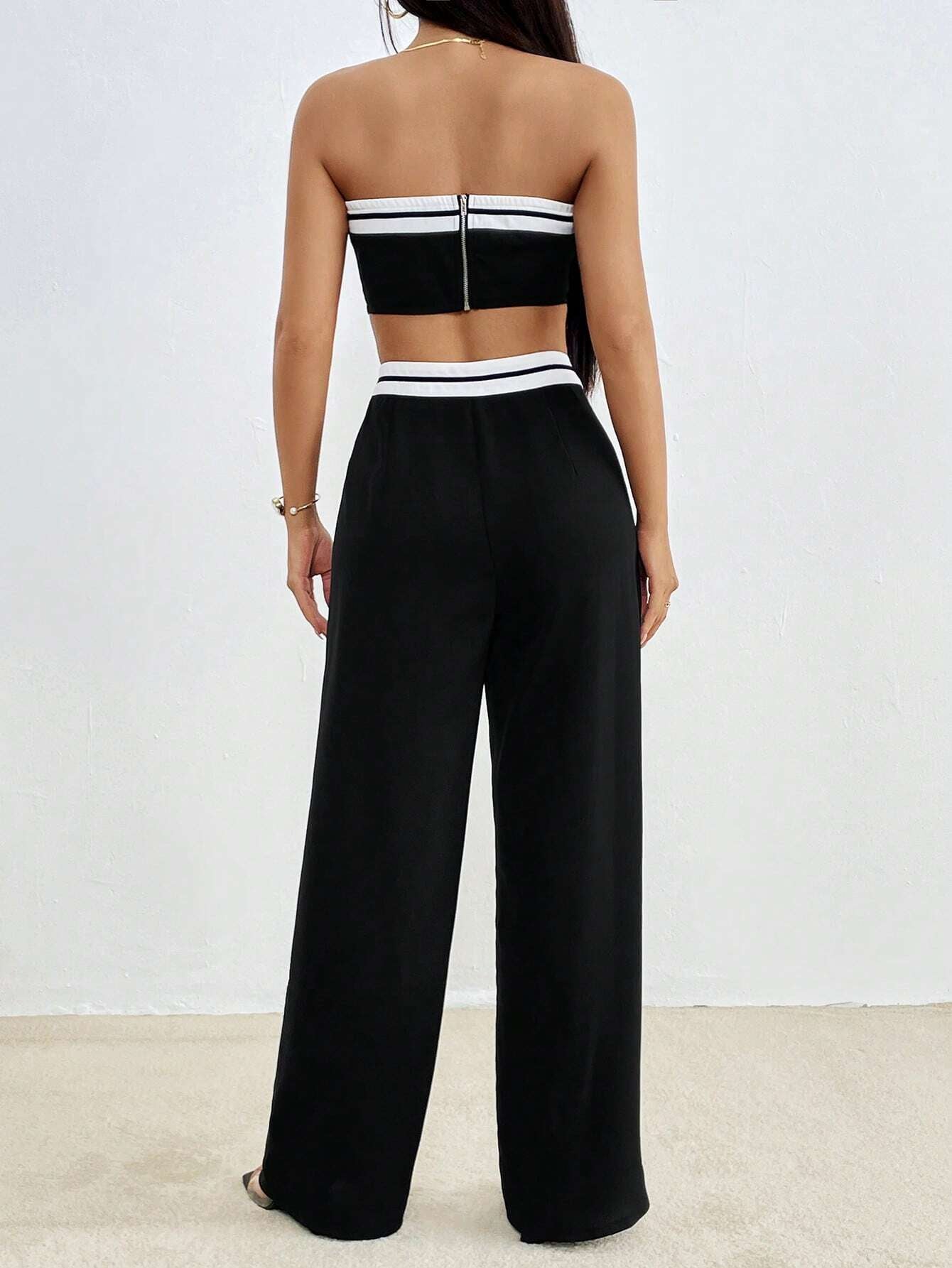 Essnce Contrast Trim Tube Top & Wide Leg Pants shein