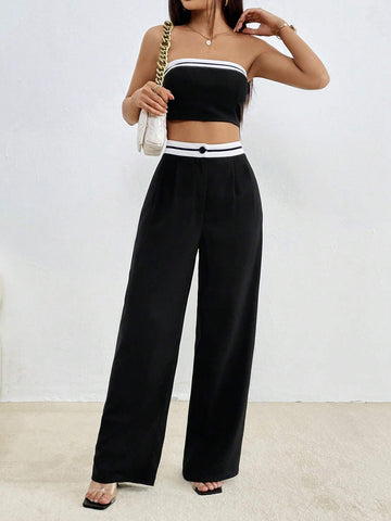 Essnce Contrast Trim Tube Top & Wide Leg Pants shein