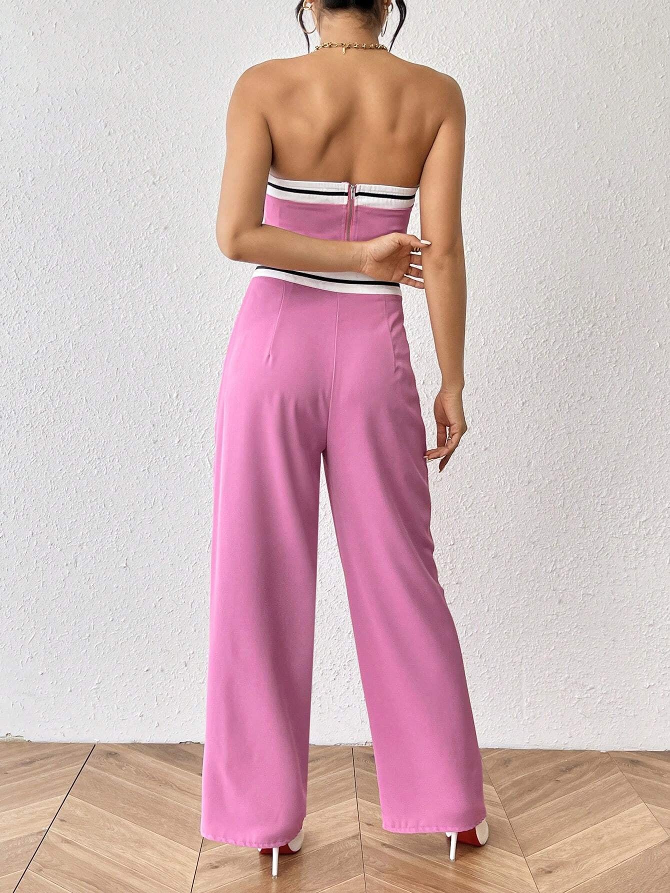 Essnce Contrast Trim Tube Top & Wide Leg Pants shein