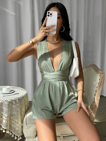 Essnce Crisscross Tie Backless Plunging Neck Romper shein