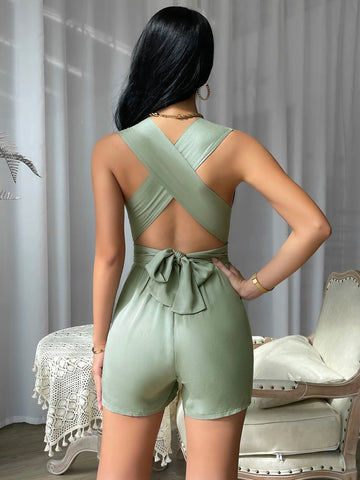 Essnce Crisscross Tie Backless Plunging Neck Romper shein