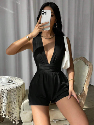 Essnce Crisscross Tie Backless Plunging Neck Romper shein