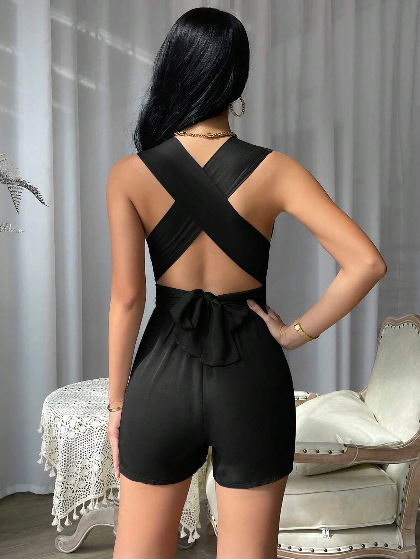 Essnce Crisscross Tie Backless Plunging Neck Romper shein