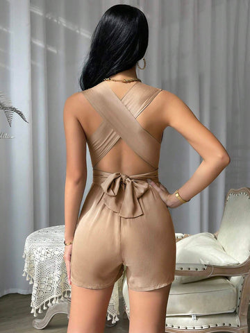 Essnce Crisscross Tie Backless Plunging Neck Romper shein