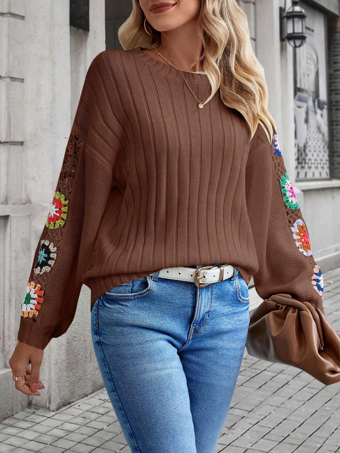 Essnce Floral Crochet Drop Shoulder Sweater shein